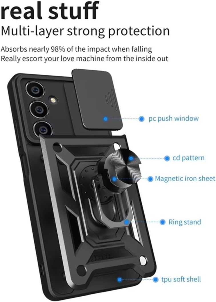 FCSWEET Compatible con fundas para cámara deslizante Samsung A32 4G, soporte de ventana de empuje de grado militar, anillo giratorio de 360, soporte