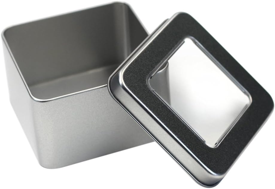 Paquete de 6 cajas de metal cuadradas rectangulares de 8 onzas con tapas grandes transparentes para ventana, 3.6 x 3.6 pulgadas de base x 2.4