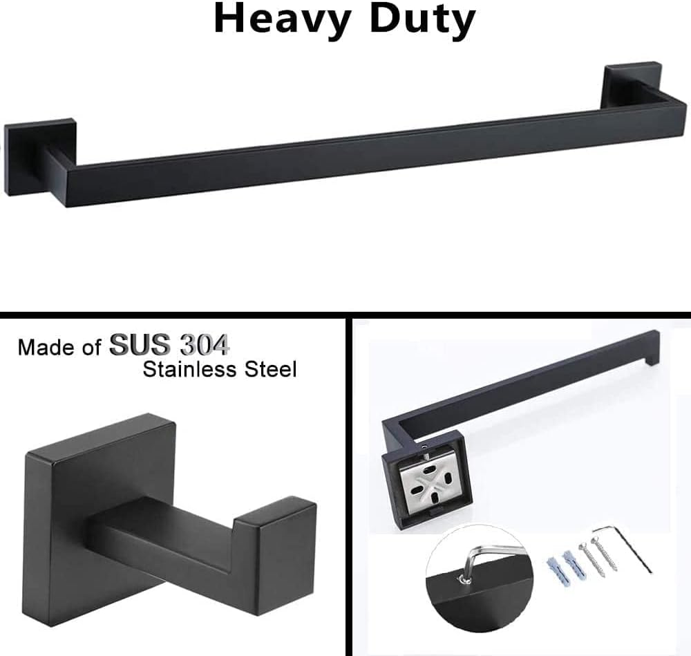 Juego de 4 piezas de accesorios de baño de color negro mate cuadrado de acero inoxidable SUS304 montado en la pared, incluye toallero de 24
