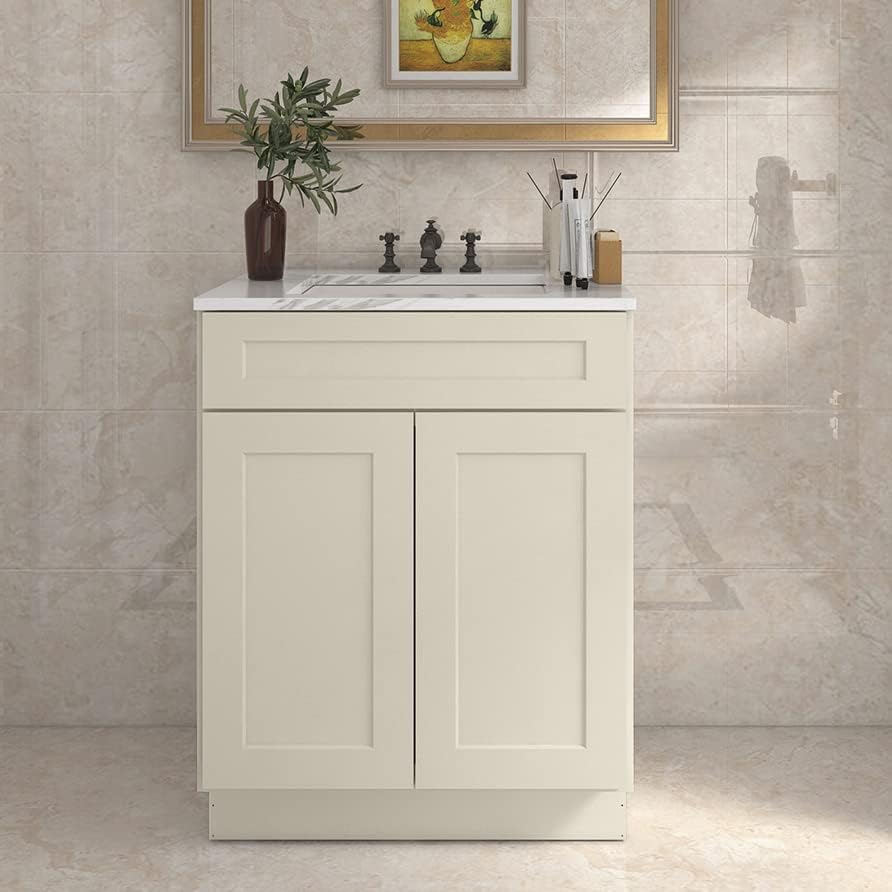 LOVMOR Gabinete de baño, 27’W, Shaker Antique White, Unidad de almacenamiento de un solo fregadero, Gabinete de almacenamiento para fregadero con