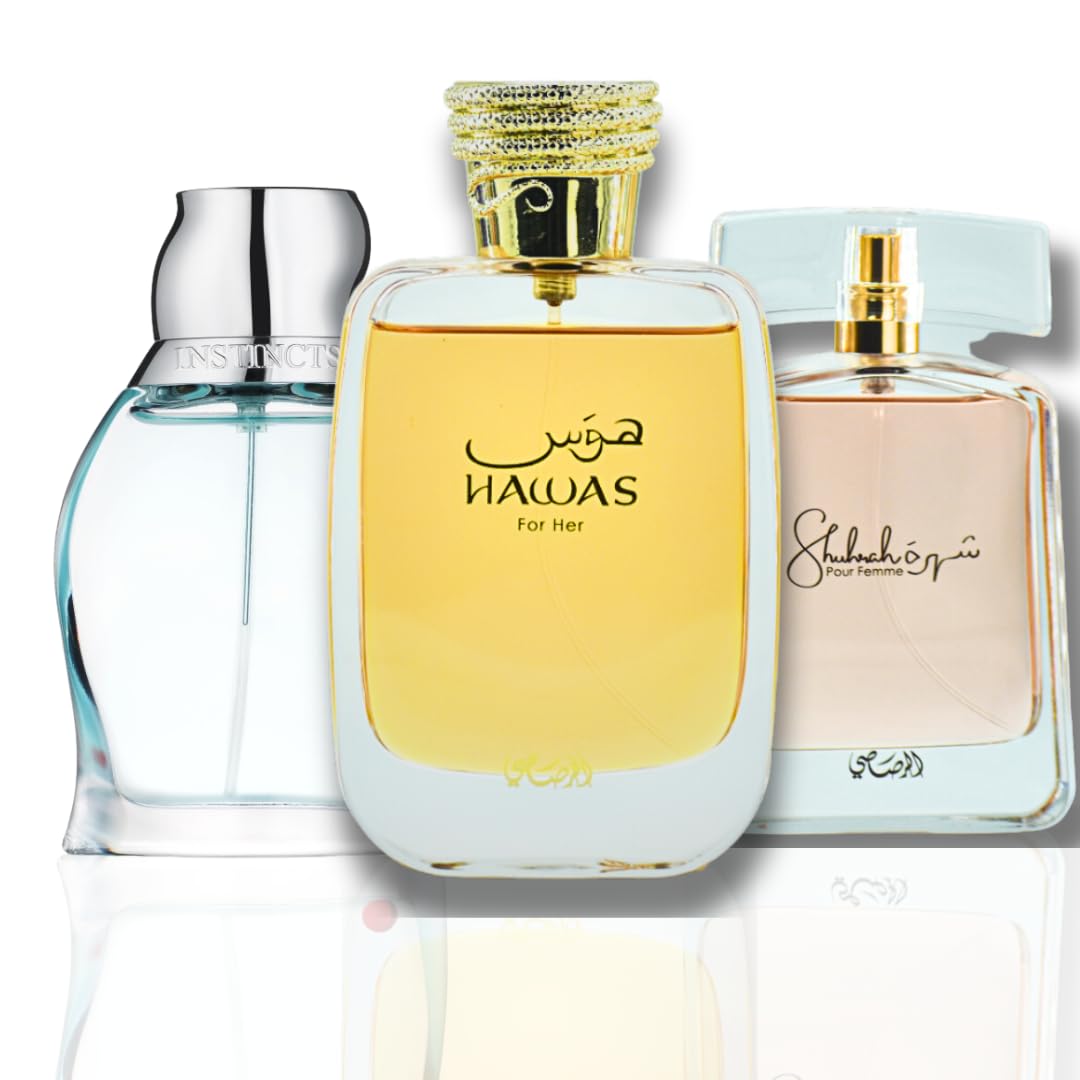 RASASI Hawas For Her EDP – 3.4 fl oz, Shuhrah para mujeres EDP – 90ML & Instincts for Women EDP – 50 ML (colección de valor)