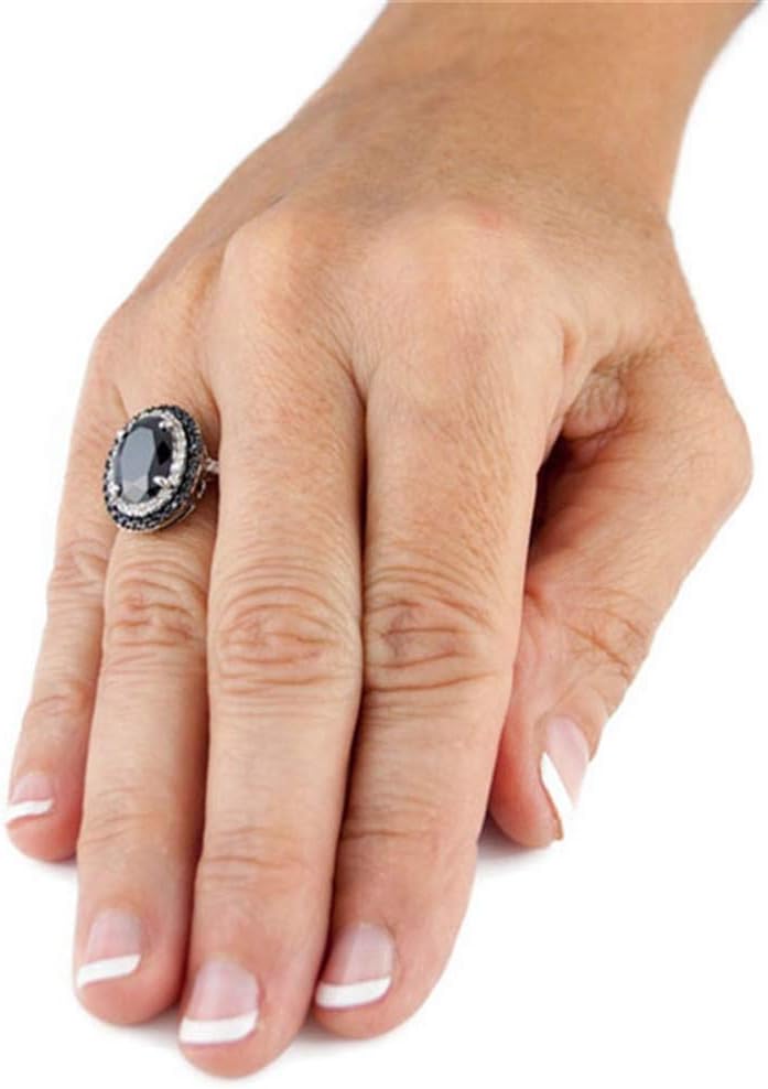 925 Sterling Silver Shiny Full Diamond Ring Oval Cut Black Onyx Marcasite White Cubic Zirconia Rings CZ Cocktail Rings Eternity Engagement Wedding