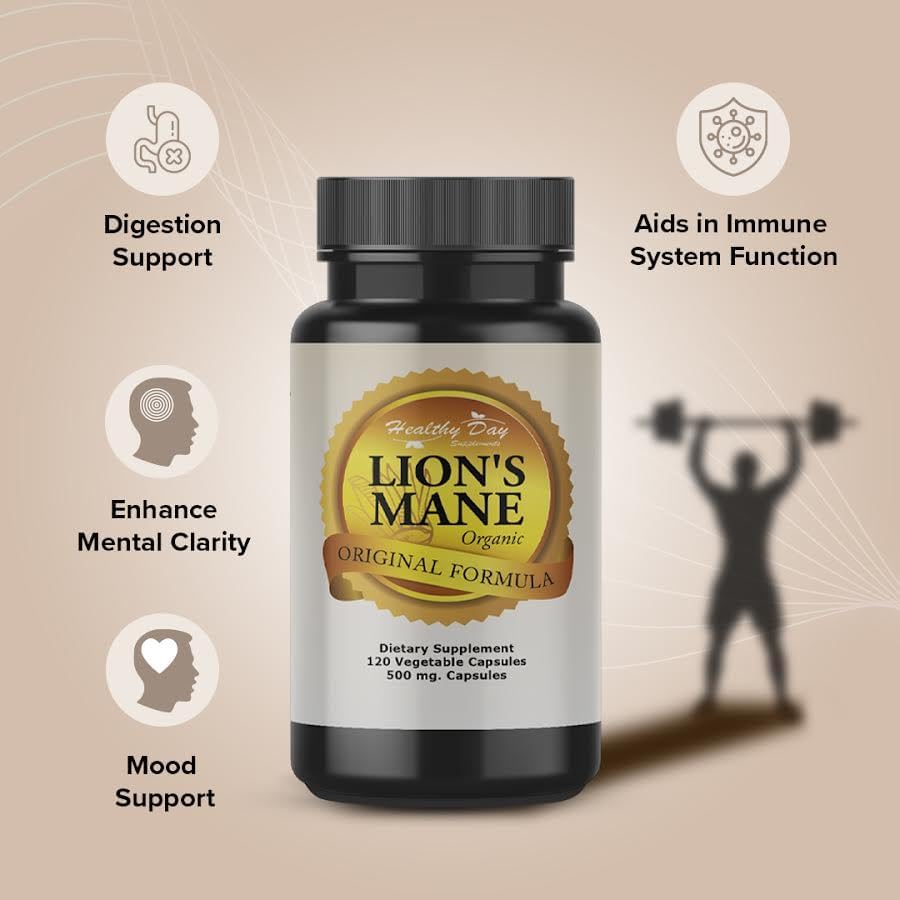 Healthy Day Supplements. Cápsulas de melena de león suplementos orgánicos para mejorar la memoria cerebral, el enfoque y el apoyo inmunológico.