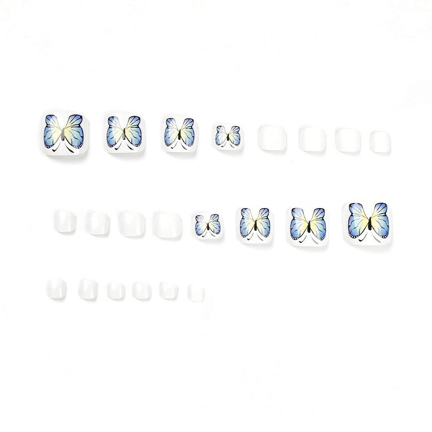 MISUD Uñas postizas brillantes a presión, pegamento blanco en las uñas de los pies de los pies, mariposa azul, uñas acrílicas de gel en uñas
