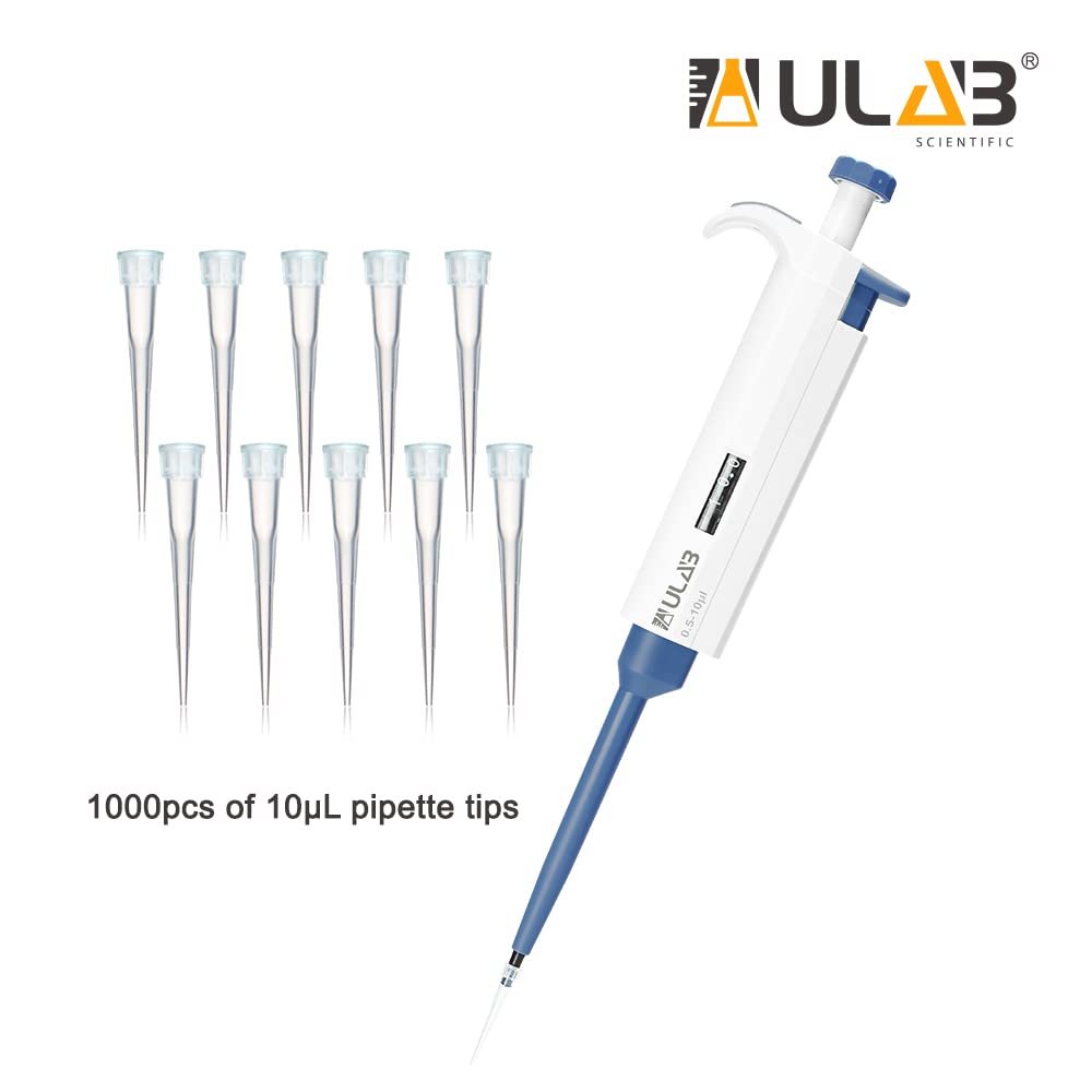 ULAB Pipettor de un solo canal con puntas de pipeta ofrecidas, 1pc de micro pipeta de volumen ajustable con Vol.Range.0.5-10l, 1000pcs de Vol.10l