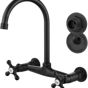 Airuida Grifo de latón negro mate de montaje en pared con doble mango y adaptador ajustable Airuida Grifo de latón negro mate de montaje en pared con doble mango y adaptador ajustable