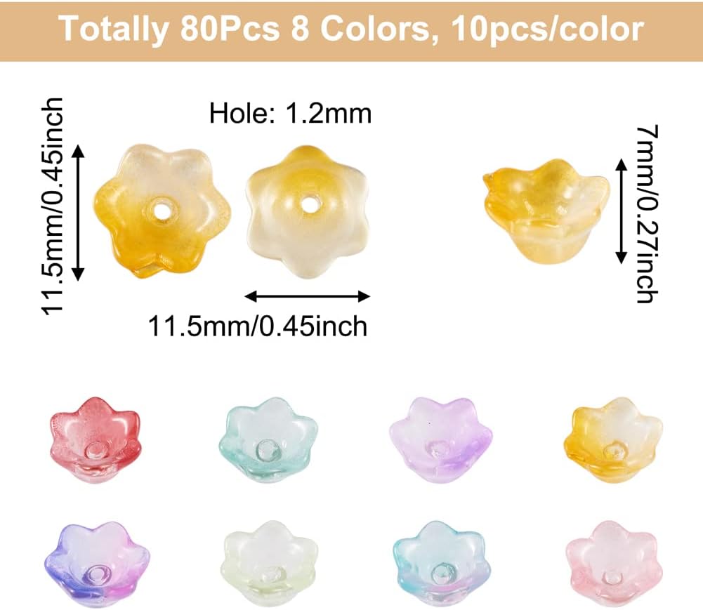 Beadthoven – 80 tapas de cuentas de cristal de 8 colores con diseño de flores, mini trompeta colorida transparente, cuentas de cristal, espaciadores