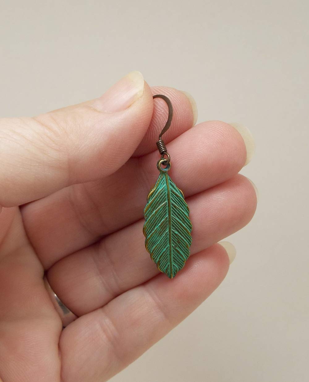 Metal Feather or Leaf Dangle Earrings with Teal Verdigris Patina over Brass with Antiqued Brass Ear Wires