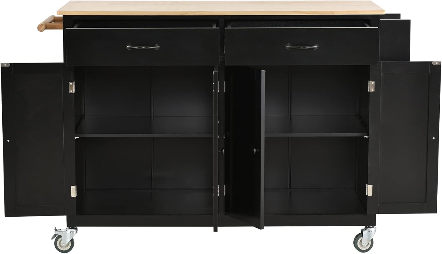 P PURLOVE Carrito de madera para isla de cocina con ruedas de bloqueo, carrito utilitario rodante con 2 cajones y 4 puertas de gabinete, estante de