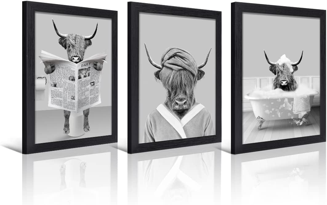 Gardenia Art Divertida decoración de vaca de las tierras altas en blanco y negro, arte de pared de granja, decoración de baño, póster vintage de