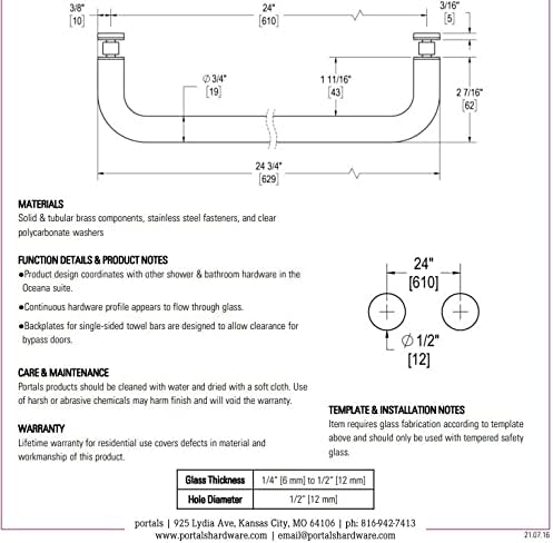 Portales Hardware Oceana – Toallero de Barra de 24.0 in cc de UNA Sola Cara, Cromo Pulido