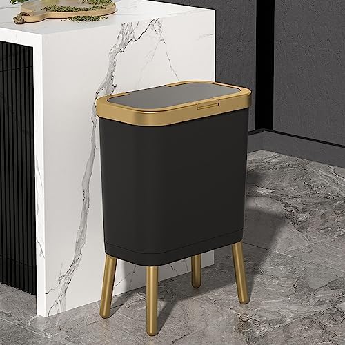 URALFA Basurero de cocina con tapa, bote de basura delgado negro con borde dorado, moderno cubo de basura de plástico para dormitorio, sala de