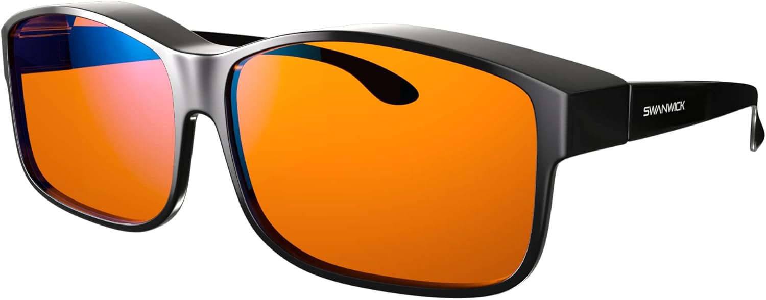 Swanwick Amber fit over blue light blocking glasses. Premium 99% blue blocker glasses fits over prescription glasses.