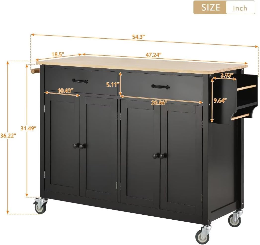 Ayvbir Carrito de isla de cocina rodante de 54.3 pulgadas con ruedas con parte superior de madera maciza y ruedas de bloqueo, armario de 4 puertas y