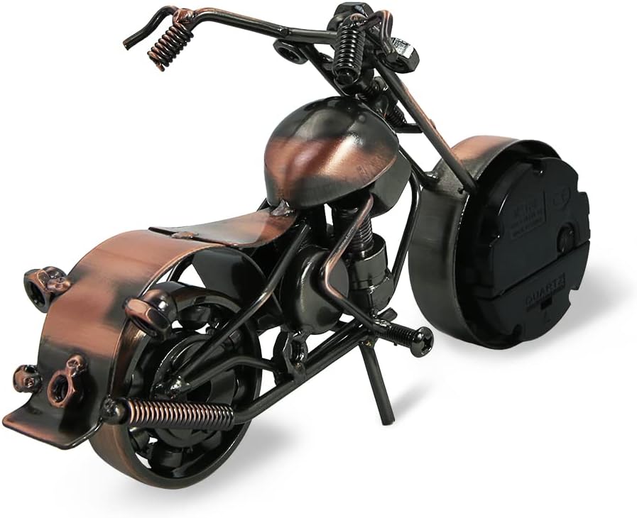 Winterworm Modelo creativo de motocicleta con reloj, adorno de metal de hierro, figura de motocicleta de bronce retro para el día del padre,