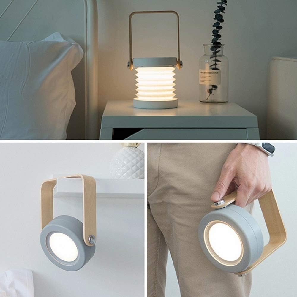 Lámpara de mesa plegable 4 en 1, luz LED retráctil USB, mango de madera, linterna portátil y linterna, control táctil, intensidad regulable, 3