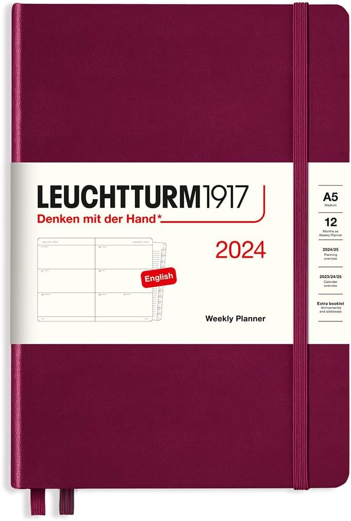 LEUCHTTURM1917 – Weekly Planner 2024 with extra booklet, Medium (A5) Hardcover, Port Red (Jan 1 – Dec 31, 2024)