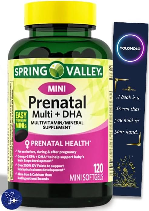 Mini prenatal Multi + DHA Suplemento multivitamínicomultimineral completo Spring Valley Mini Softgels, 120 unidades y marcador de regalo de YOLOMOLO