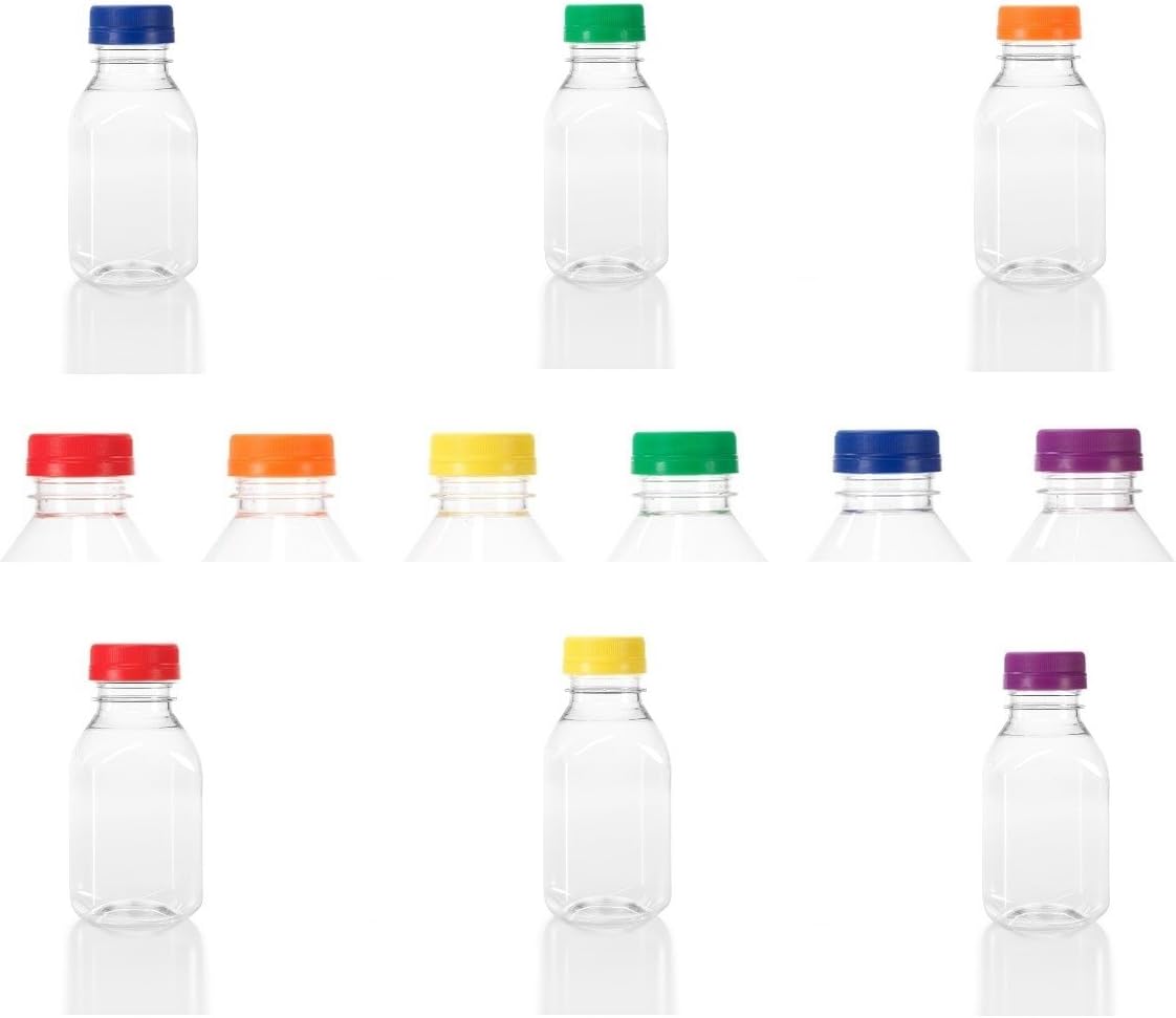 (6) Botellas cuadradas de plástico transparente de grado alimenticio de 8 onzas con 6 tapas a prueba de manipulaciones de diferentes colores, 6