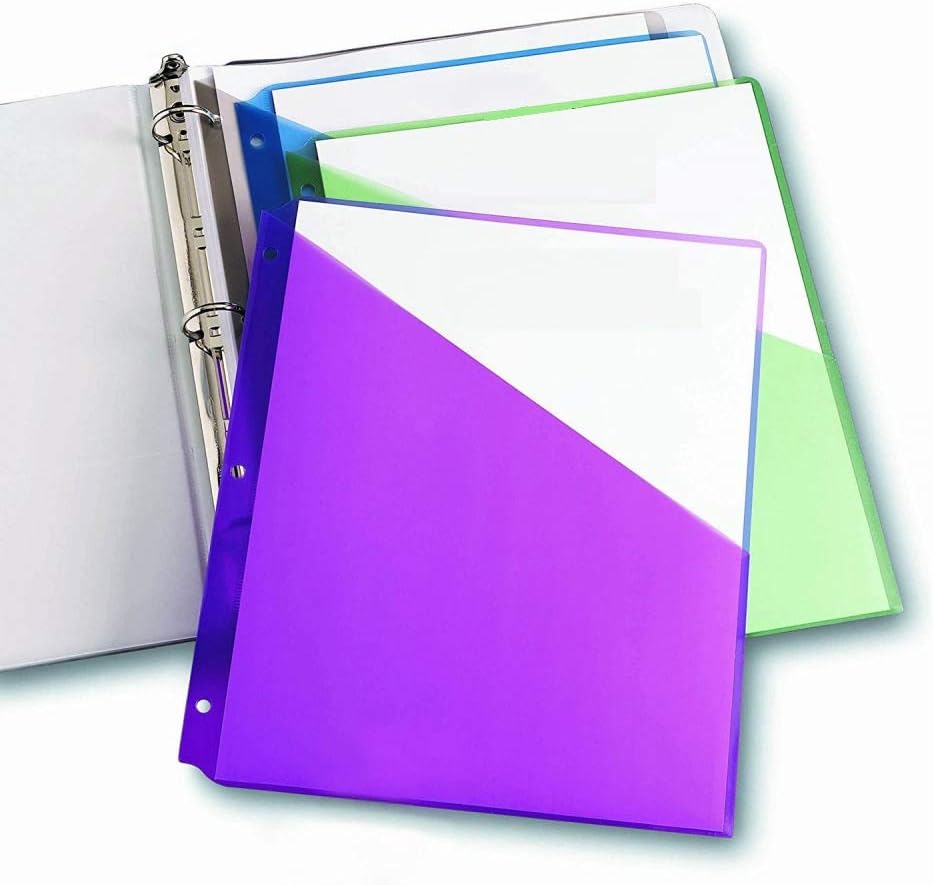 1InTheOffice Divisores de 3 anillas, separadores de carpetas de plástico, separadores de carpetas con bolsillos, colores surtidos, juego de 5