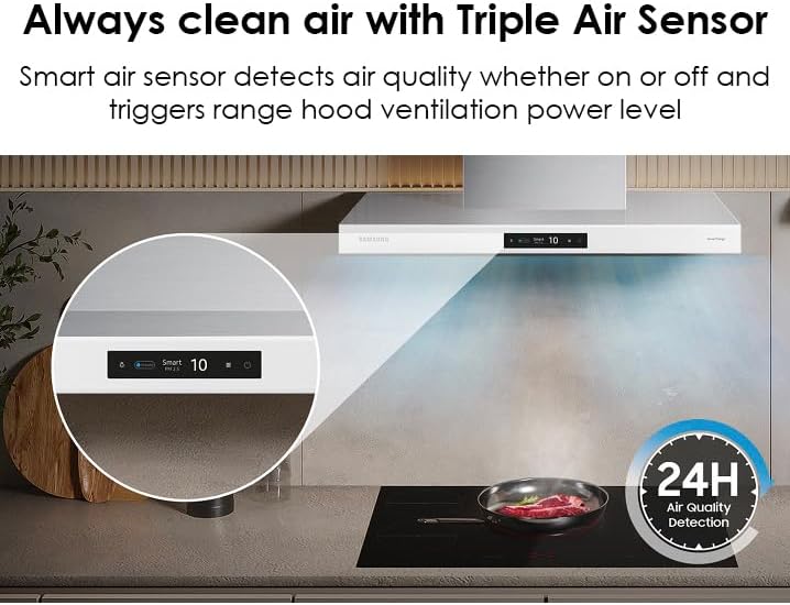 Samsung Campana inteligente de montaje en pared a medida, pantalla LCD y control táctil, sensor de aire triple, bajo ruido, WiFi conectado, carbón