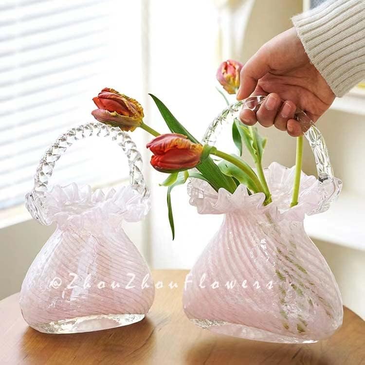 Jarrón de cristal hecho a mano para florero de flores de forma de bolso único florero decorativo