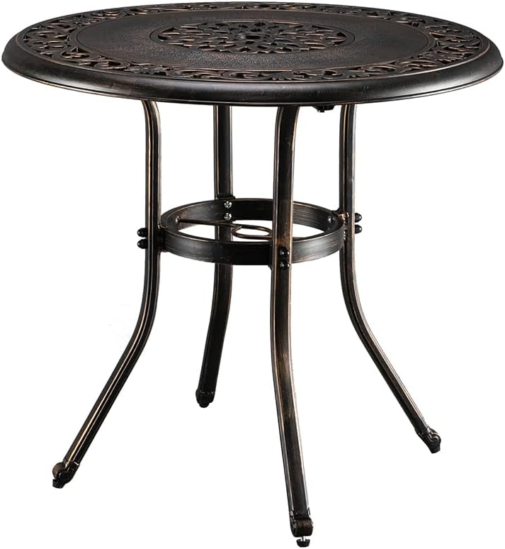 Henf Mesa de comedor de aluminio fundido para exteriores con agujero de paraguas de 2 pulgadas, 32 pulgadas de diámetro, mesa de comedor redonda