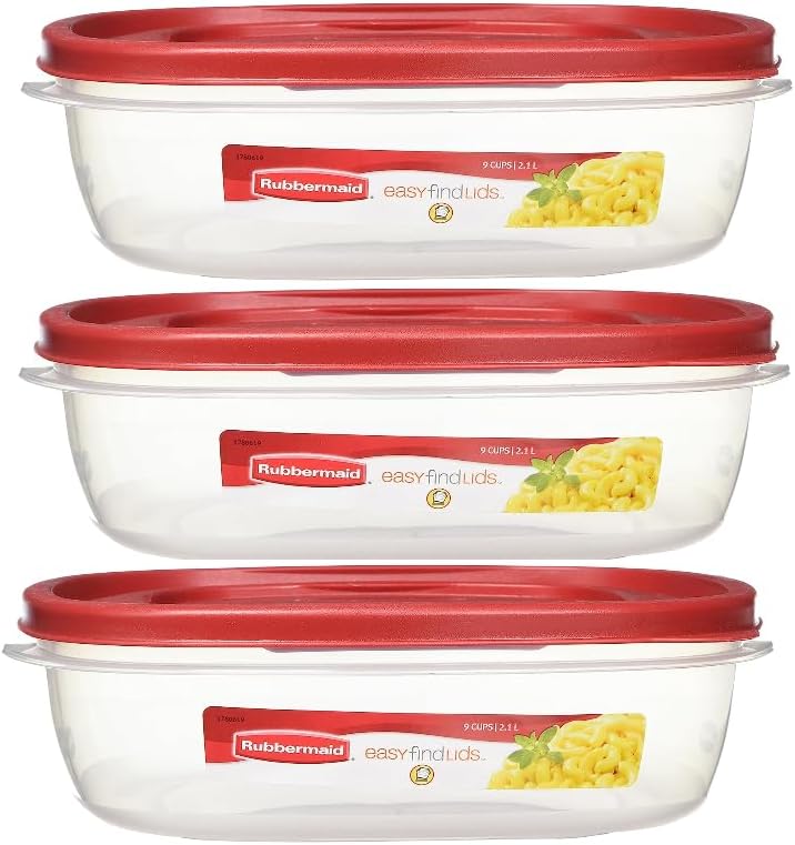 Rubbermaid – Contenedores de almacenamiento de alimentos de nueve tazas, juego de 7 piezas, tapas fáciles de encontrar, 3 recipientes, 3 tapas,