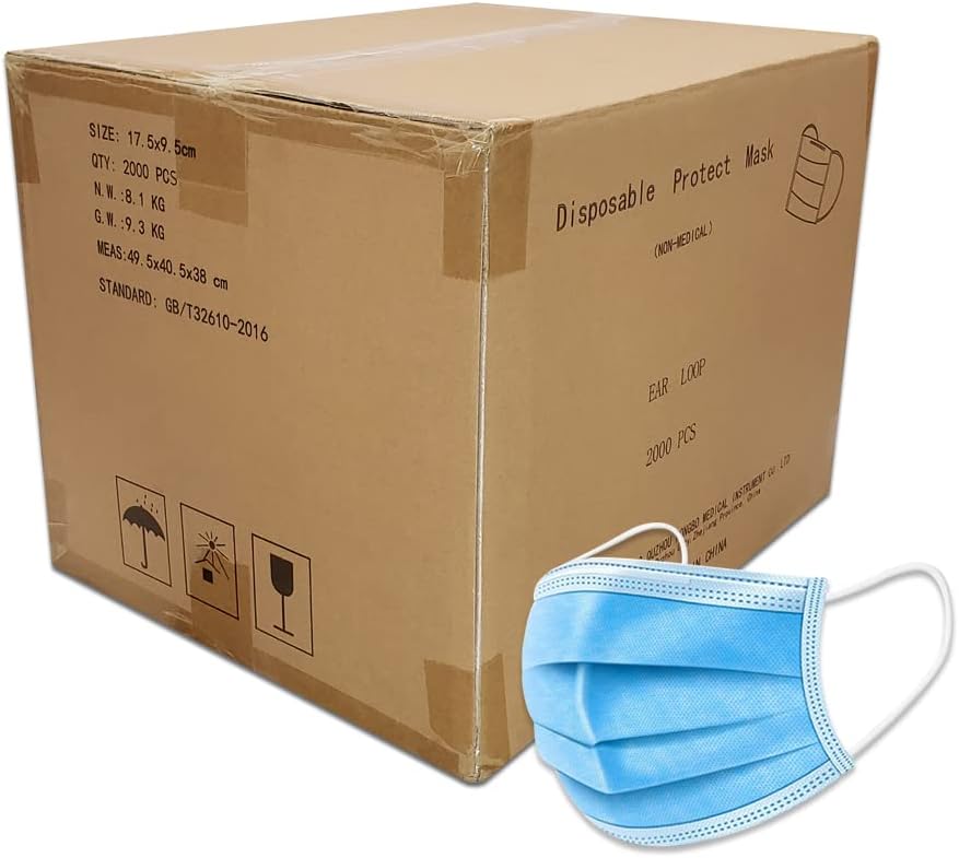 2000 máscaras faciales desechables azules, 2,000 protectores de 3 capas, transpirables, cómodas, cubiertas para la narizboca para el hogar y la