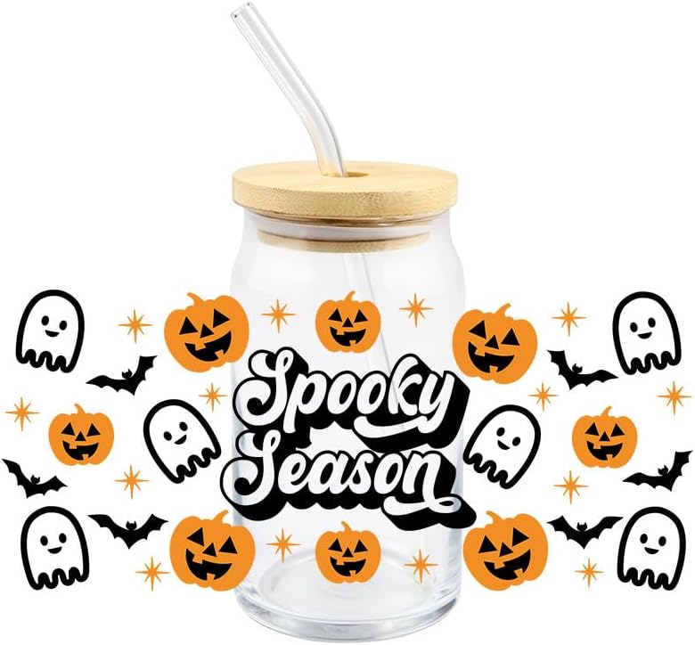 Taza de café de cristal para tazas de café, 3 hojas de estilo mixto de calabaza fantasma, diseño de calabaza y fantasma, impermeable, película