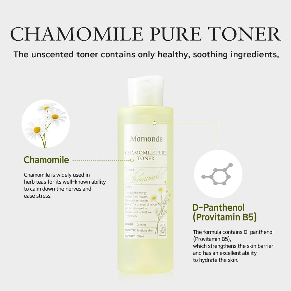 Mamonde Tónico puro de manzanilla, tóner facial calmante y suave para pieles sensibles, barrera cutánea fortalecedora de provitamina B5, probada