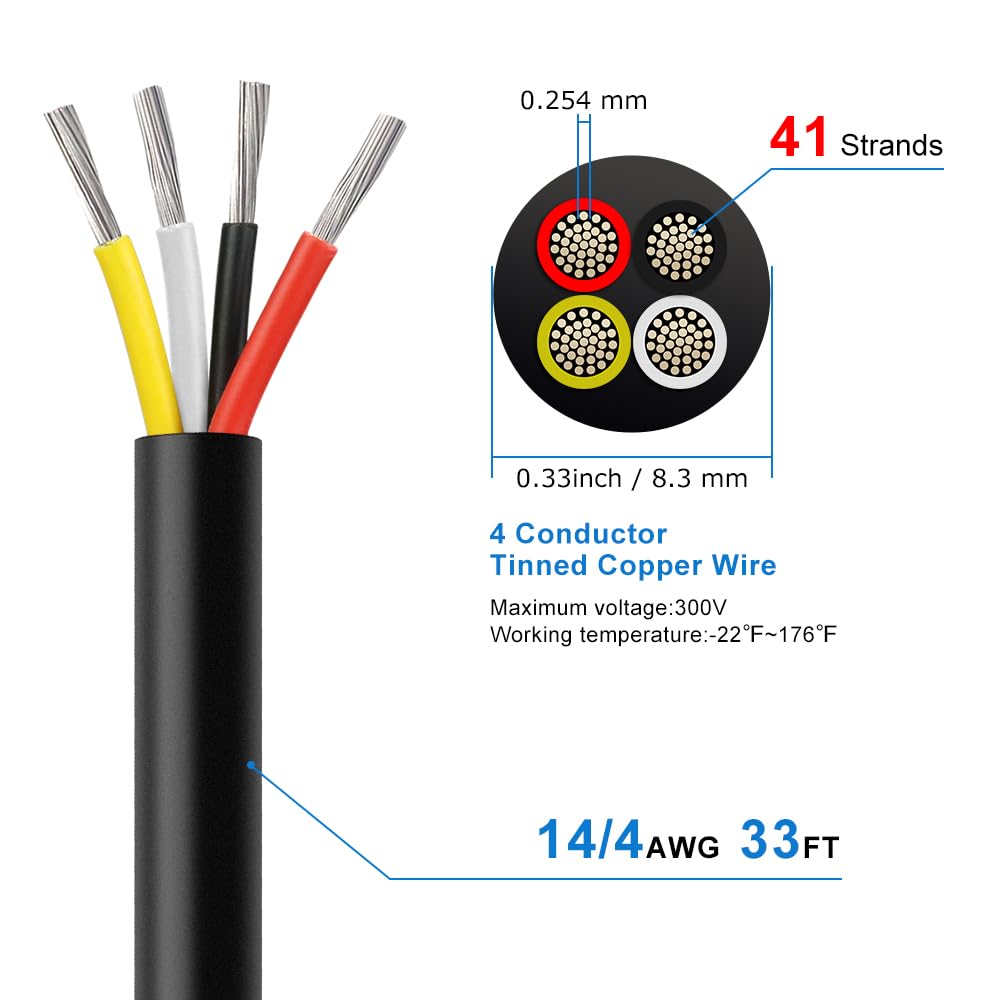 Cable eléctrico de calibre 14 y 4 conductores, cable de 4 cables de cobre estañado trenzado de PVC negro 14 AWG de 33 pies, cable de extensión 144