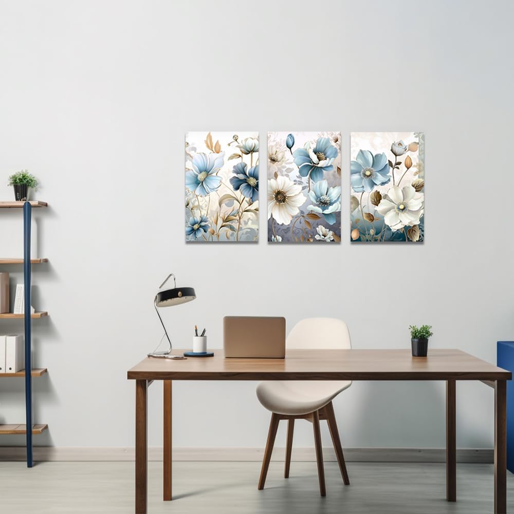 QIXIANG Lienzo decorativo para pared, 3 piezas, impresiones florales abstractas, pintura de flores azules y blancas para marco de decoración de