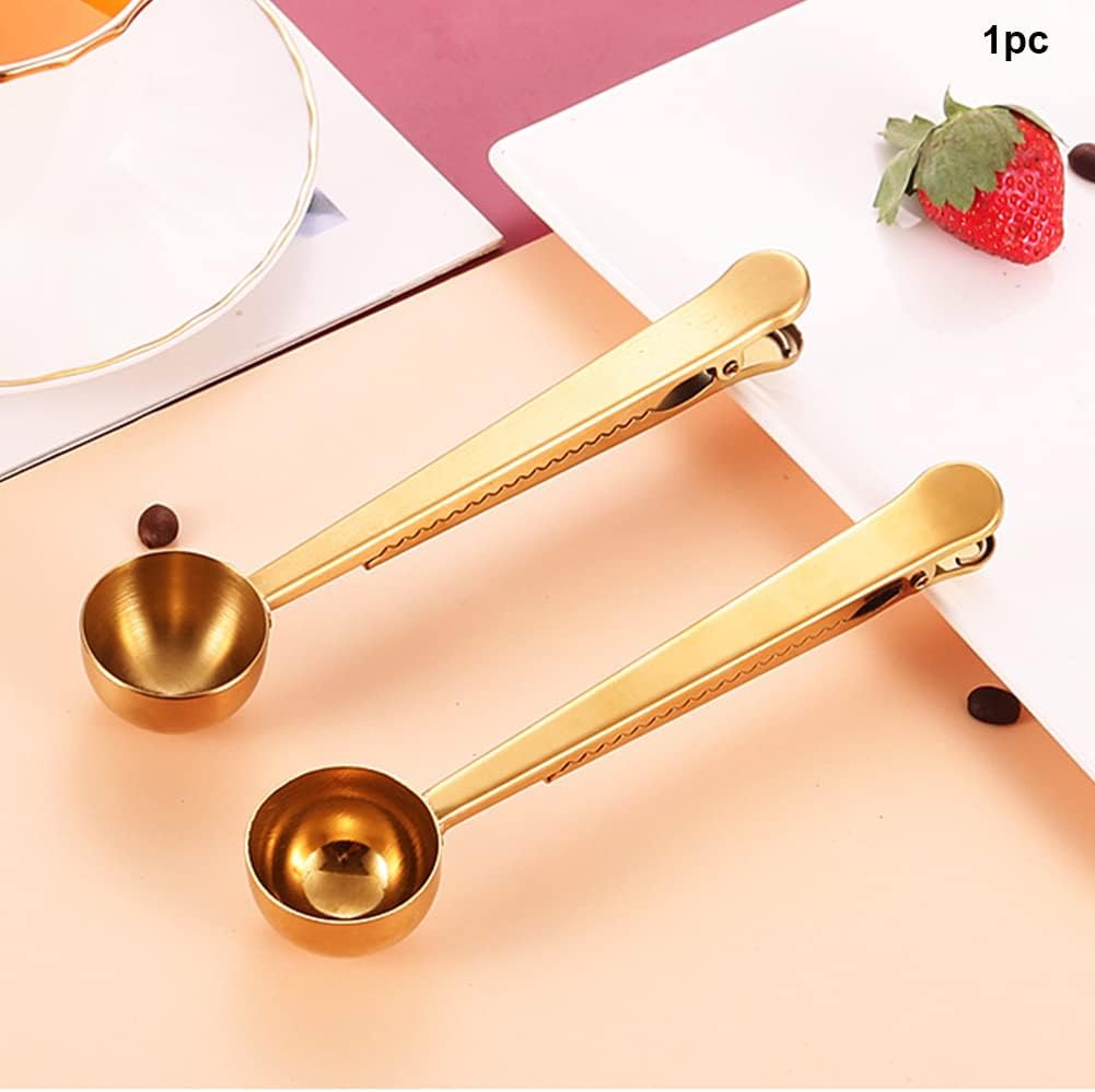Clip de cuchara de café, cucharada de acero inoxidable, cuchara medidora de café, clip de bolsa de sellado para té, café (dorado)