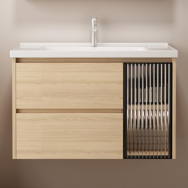 Tocador de baño de 32 pulgadas montado en la pared, tocador de baño con fregadero de cerámica, tocador de baño moderno con 2 cajones de cierre