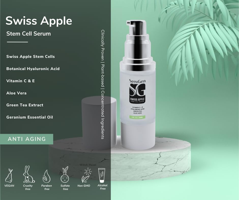 Suero de células madre de manzana suiza, 2% de células madre de manzana suiza, 9% de ácido hialurónico a base de plantas
