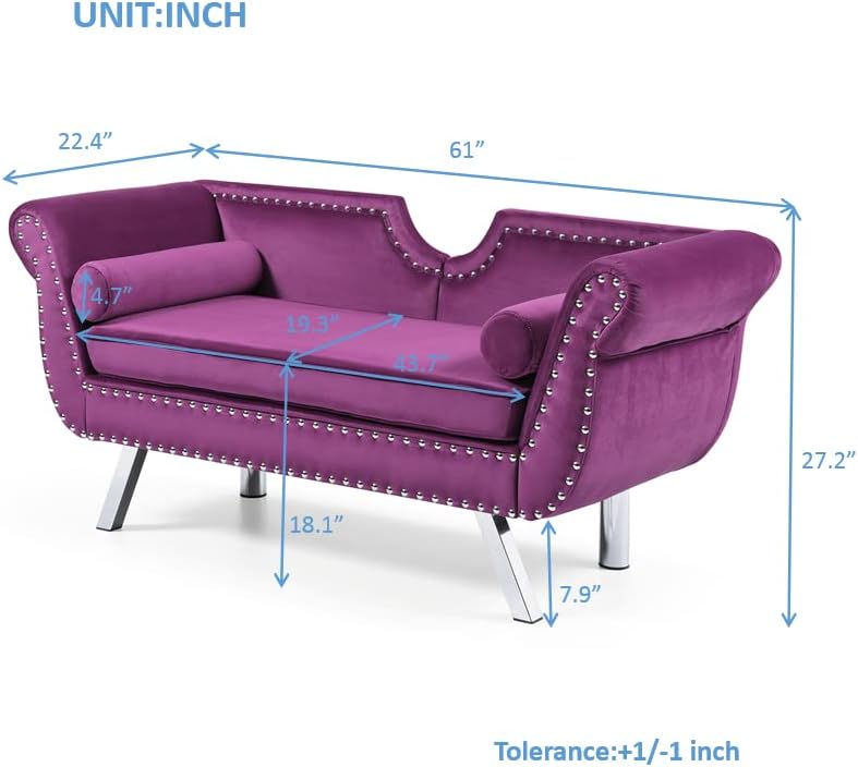Sofá biplaza de terciopelo de 61 pulgadas, sofá Chesterfield tapizado con 2 almohadas redondas, sofá biplaza moderno de mediados de siglo con