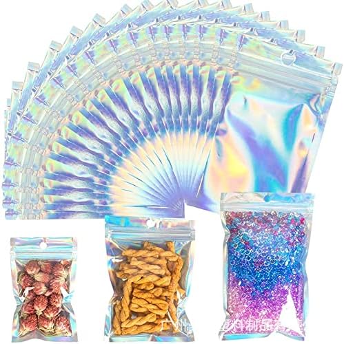 Bolsas reutilizables con cierre de cremallera, 100 bolsas holográficas de doble cara, a prueba de olores, bolsas de papel de aluminio (holográficas,