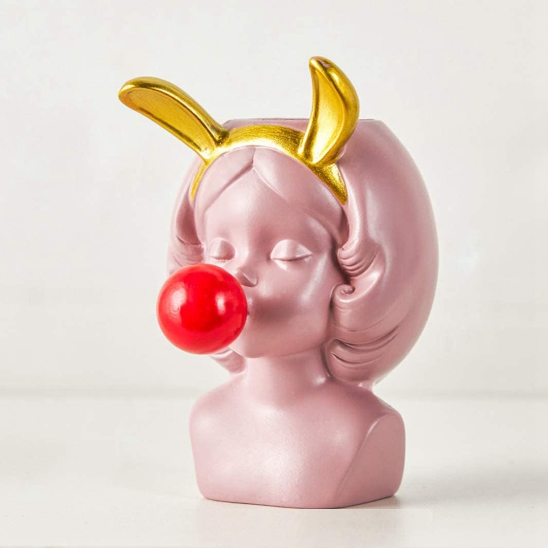 Pequeño florero de resina nórdica linda chica chicle estatua figura suculenta planta maceta moderna decoración del hogar soporte para bolígrafo