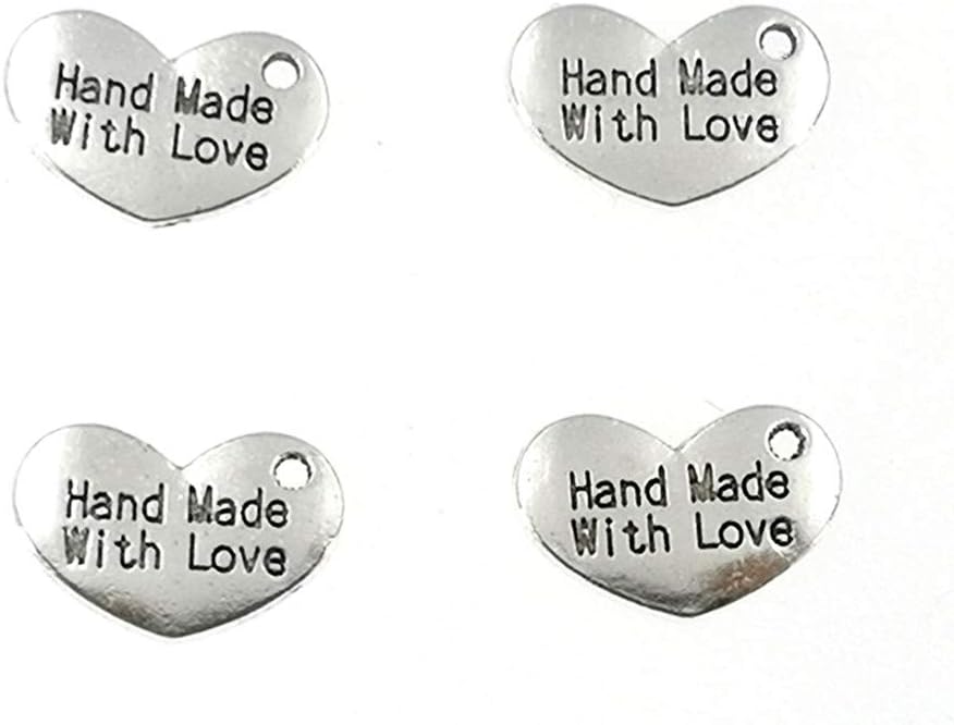 Colgante hecho a mano con dije de amor, en forma de corazón, con mensaje de palabra, para hacer joyas (50 unidades, tono plateado antiguo), Zinc