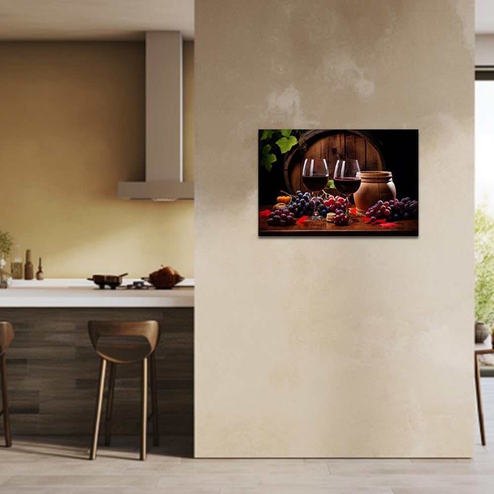 QIXIANG Cuadro de vino tinto para decoración de pared, diseño de barril de madera de uva, vino, impresiones en lienzo para decoración de