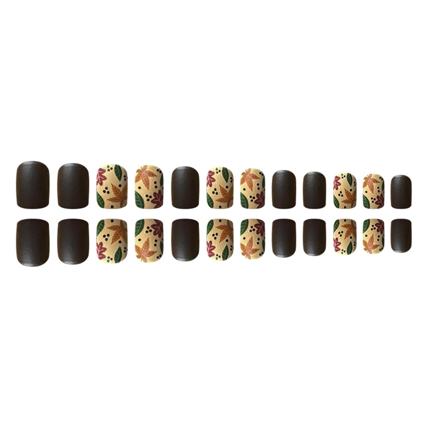 Uñas postizas cuadradas cortas a presión, color marrón oscuro mate, con diseños de hojas de arce, uñas adhesivas de hojas de otoño, uñas acrílicas