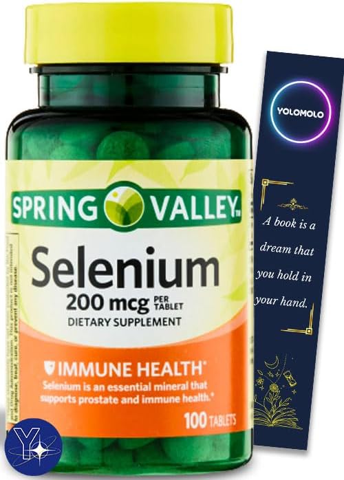 Tabletas de suplemento dietético de selenio para la salud inmunológica Spring Valley, 200 mcg, 100 unidades y marcapáginas de regalo YOLOMOLO