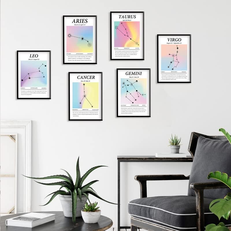 Juego de 6 pósteres de arte de pared impresos en lienzo de doce constelaciones, decoración de pared de astrología, decoración estética de