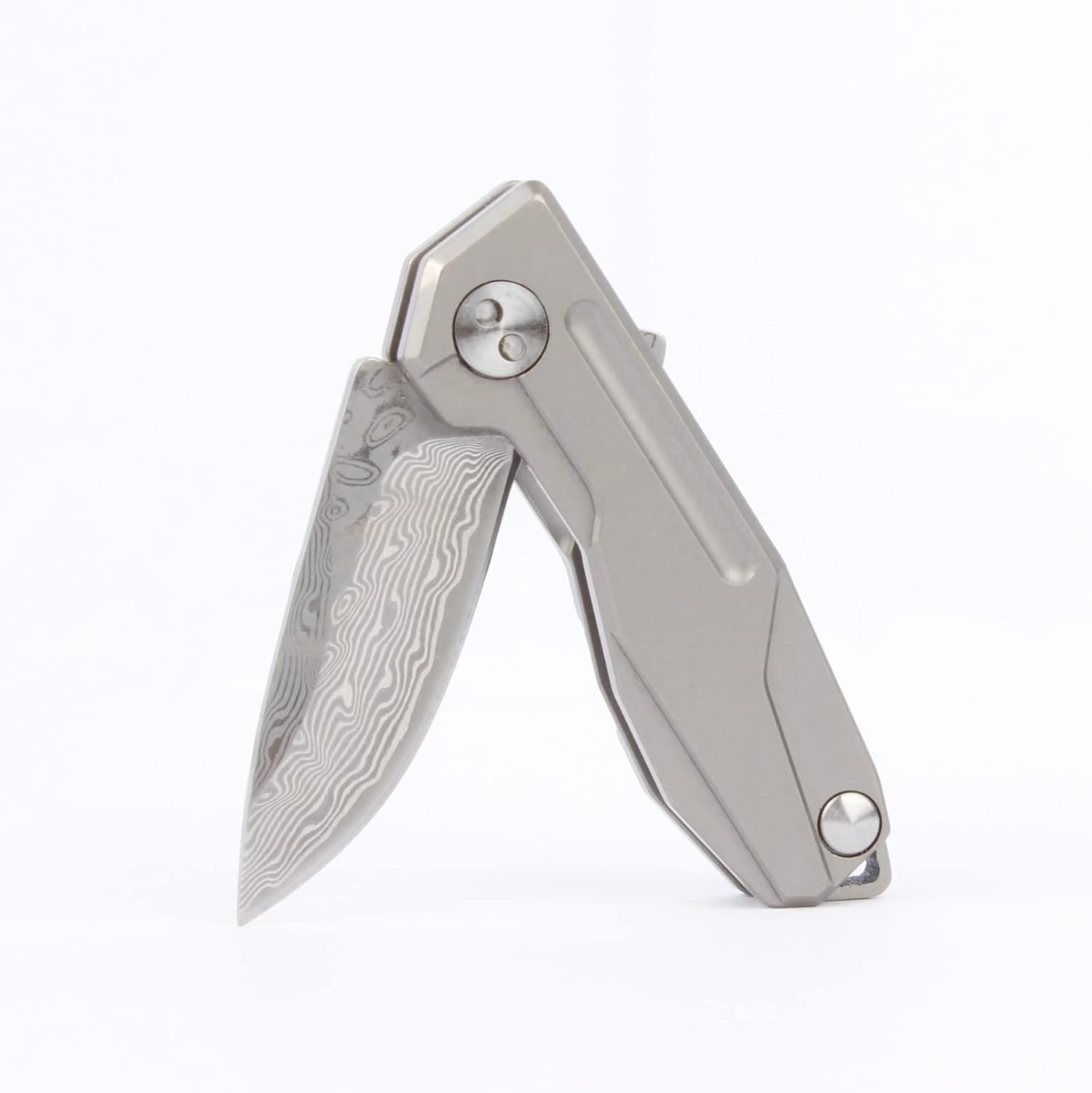 Samior HY002 – Cuchillo plegable ultra pequeño de bolsillo, hoja de damasco VG10 de 1.3 pulgadas, cerradura de marco de mango de titanio gris, mini