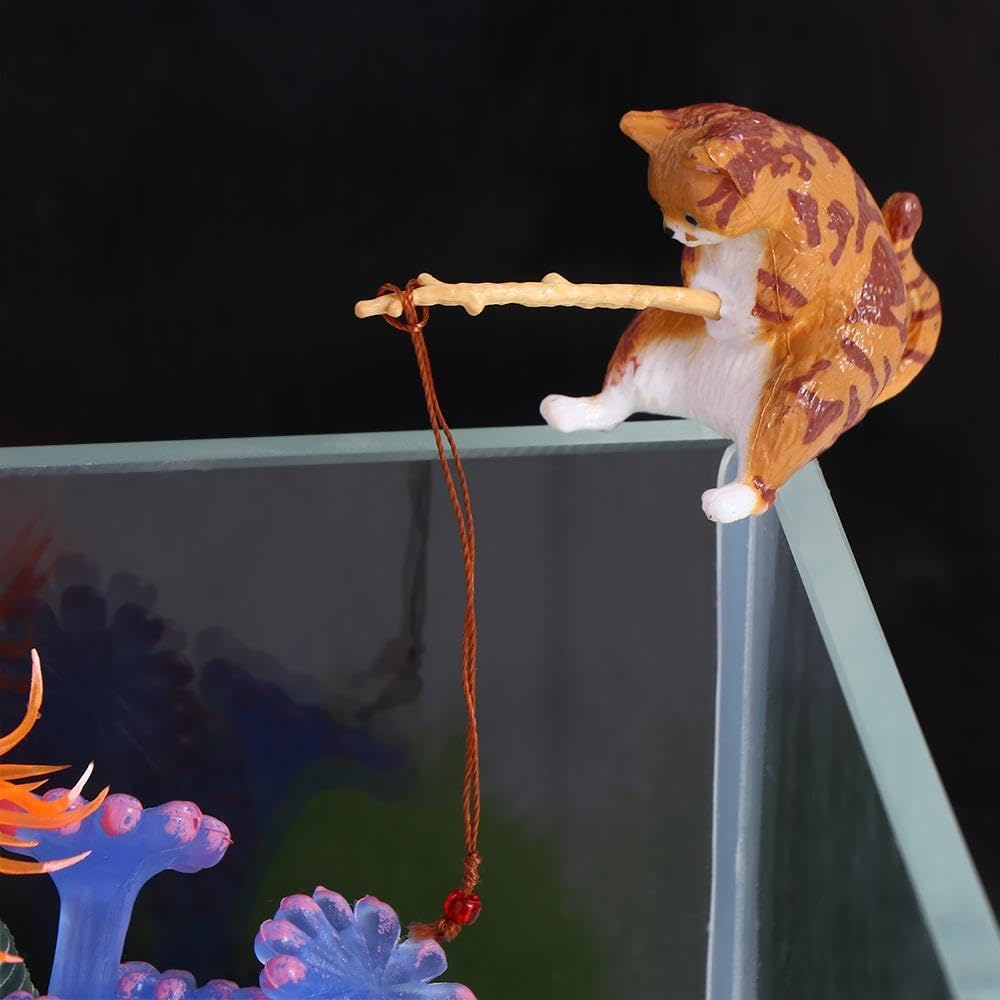 Figura de pesca de gato, mini linda estatua de gato, decoración de pecera, adornos para acuario, figuras en miniatura, estatuas de animales, adornos