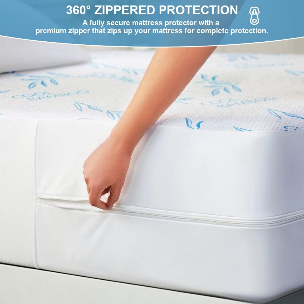 Protector de colchón de rayón de bambú refrescante con cremallera, funda de colchón 100% impermeable, fundas de colchón suaves y transpirables de