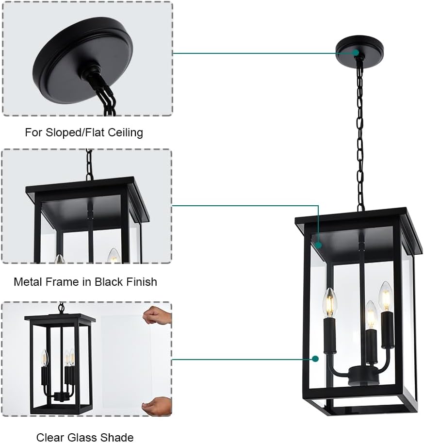 QueeuQ Lámpara colgante de 3 luces para interiores, lámpara negra para exteriores, lámpara colgante exterior con pantalla de vidrio transparente,
