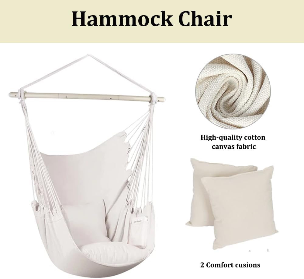 Silla de hamaca colgante con cuerda, silla colgante de lona gruesa que incluye 2 cojines de asiento, máximo 500 libras, hamaca columpio con barra de