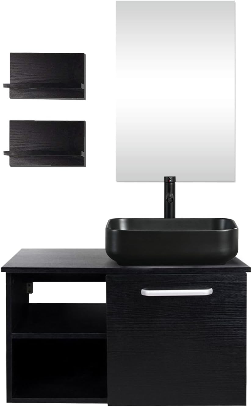 Puluomis Tocador de baño, gabinete de madera de pared moderno de 28 pulgadas con espejo, accesorio de madera negra con encimera cuadrada negra de